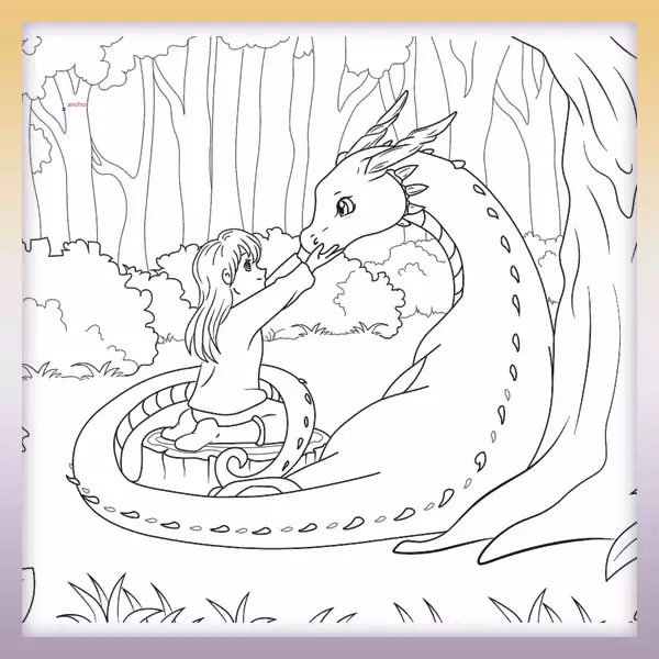 Girl with dragon - Online coloring page