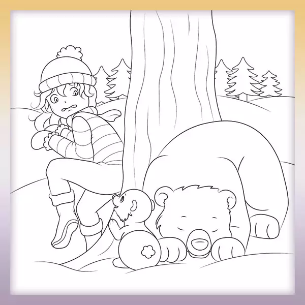 Frightened girl and bears - Online coloring page