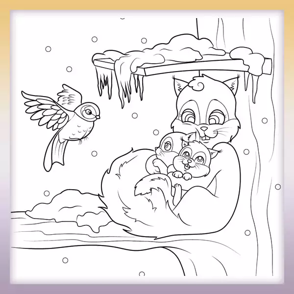 Squirrel family in winter - Online coloring page