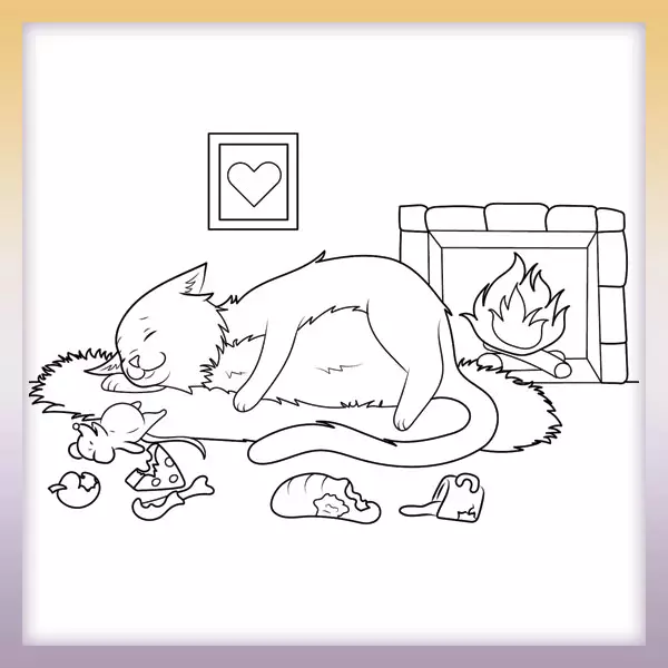 Cat next to a fireplace - Online coloring page