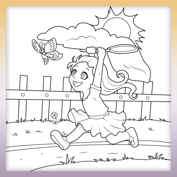 Girl catching butterflies | Online coloring page