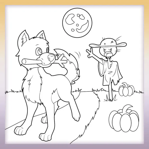 Dog and scarecrow | Online coloring page
