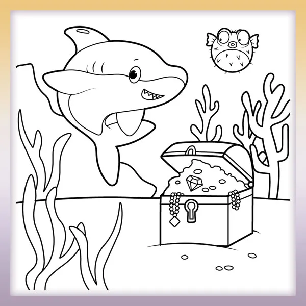 Shark and treasure | Online coloring page