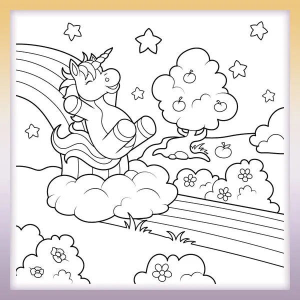 Unicorn sliding on a rainbow | Online coloring page
