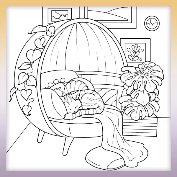 Cat in a cozy room | Online coloring page