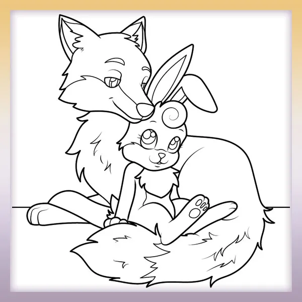 Fox and Bunny in love | Online coloring page