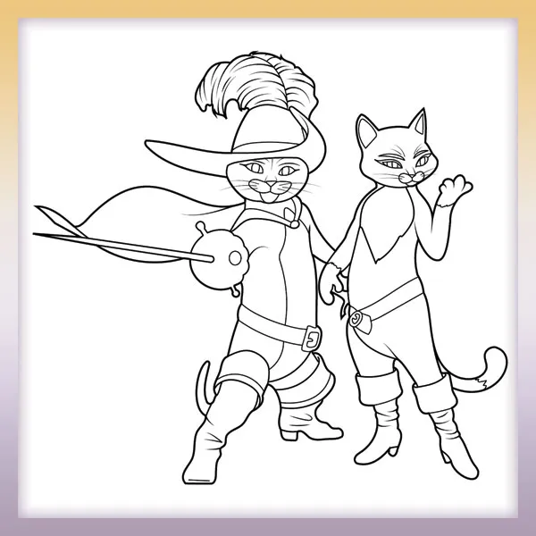 Puss in Boots and Kitty | Online coloring page