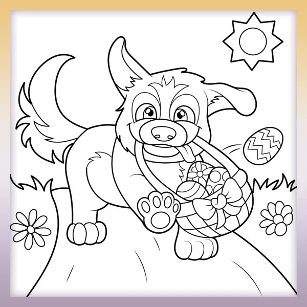 A dog carries Easter eggs | Online coloring page