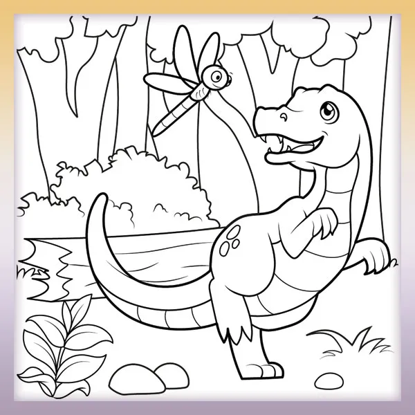 Dinosaur chasing a dragonfly | Online coloring page
