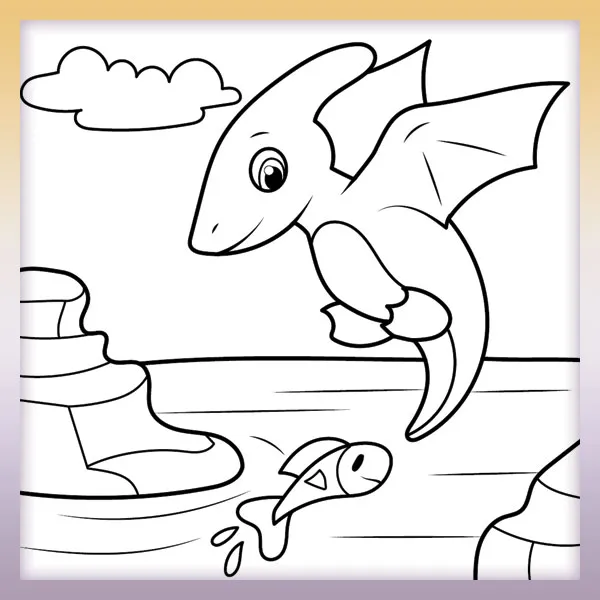 Dinosaur catching fish | Online coloring page