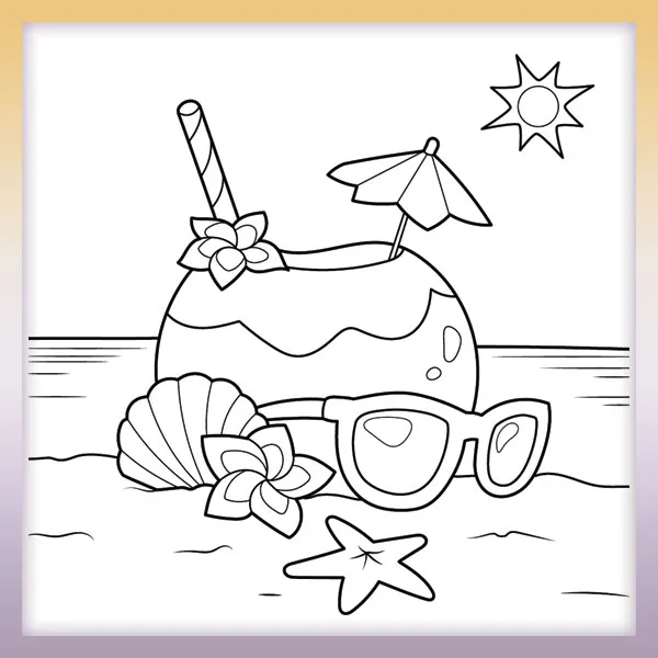 Coconut drink on the beach | Online coloring page