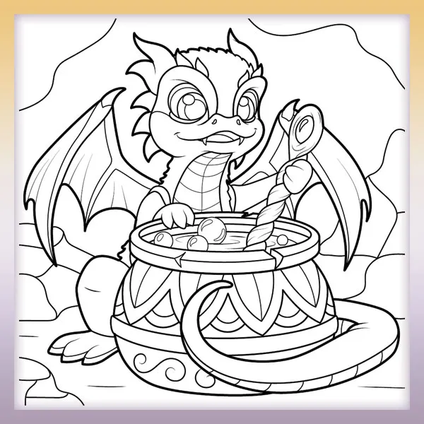 A dragon brewing a potion | Online coloring page