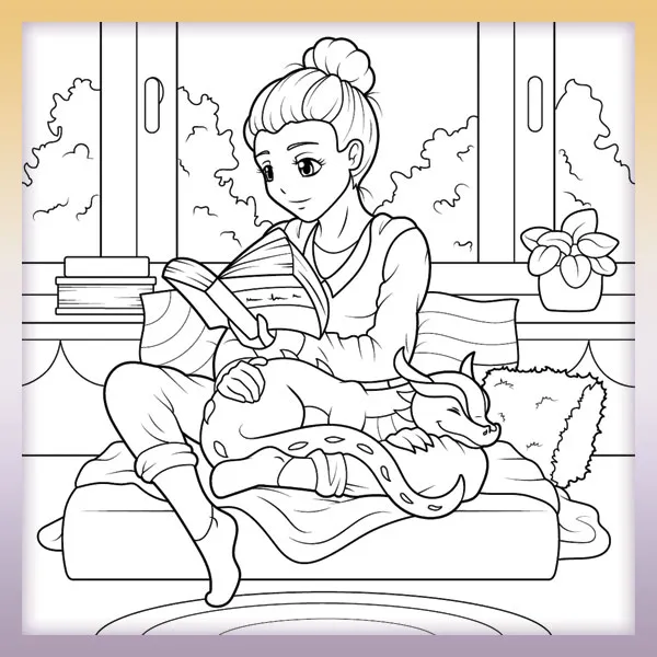 A girl reading with a dragon | Online coloring page