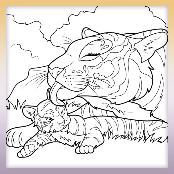 Tiger grooming its cub | Online coloring page