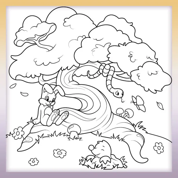 Animals around a tree | Online coloring page