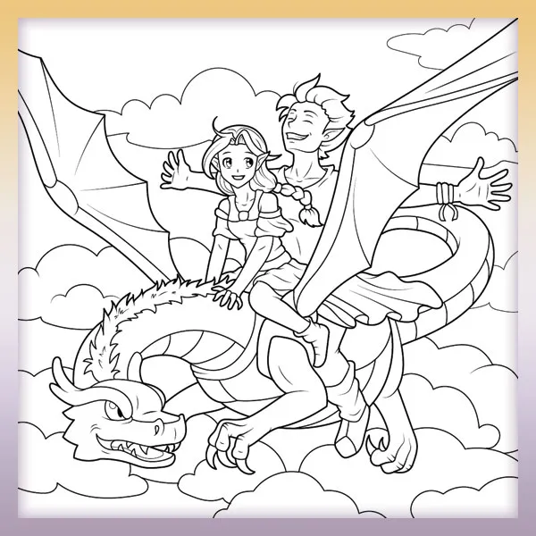Elfs riding a dragon | Online coloring page