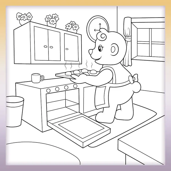 A bear baking cookies | Online coloring page
