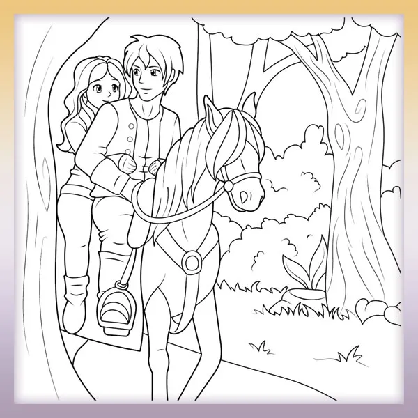 A couple riding a horse | Online coloring page