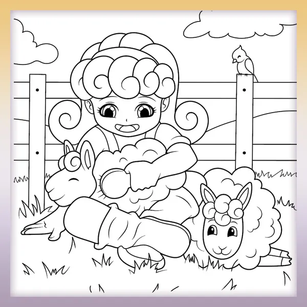 Girl brushing sheep | Online coloring page