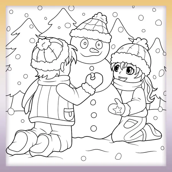 Kids building a snowman | Online coloring page