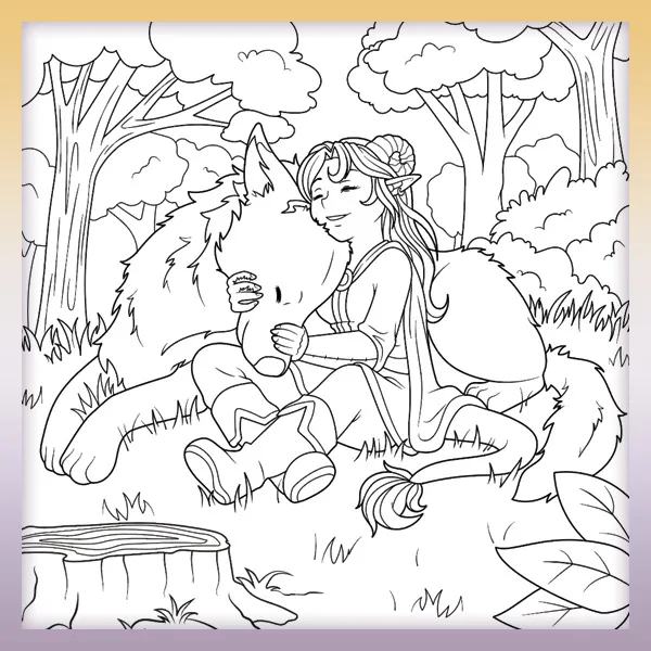 Fantasy girl with a wolf | Online coloring page