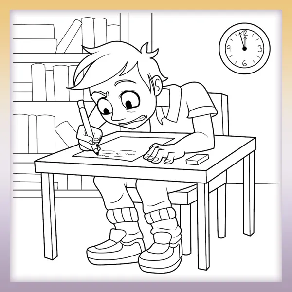 Boy writing an exam | Online coloring page