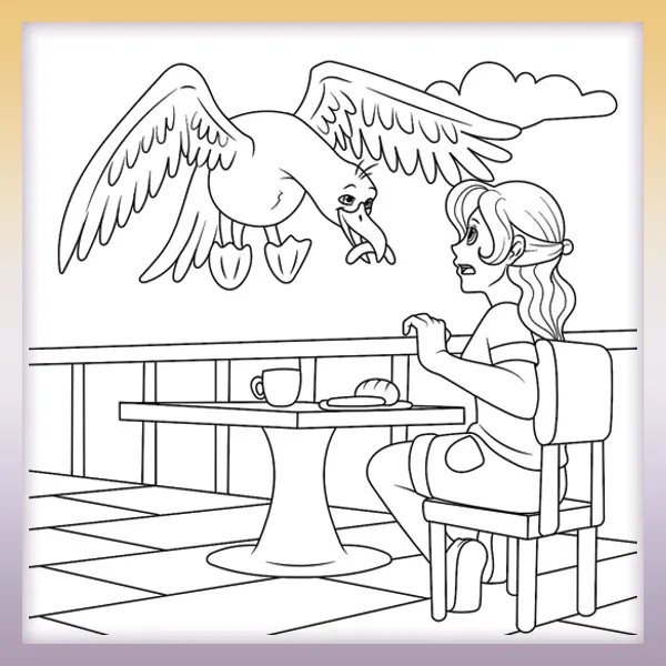 Seagull steals food | Online coloring page