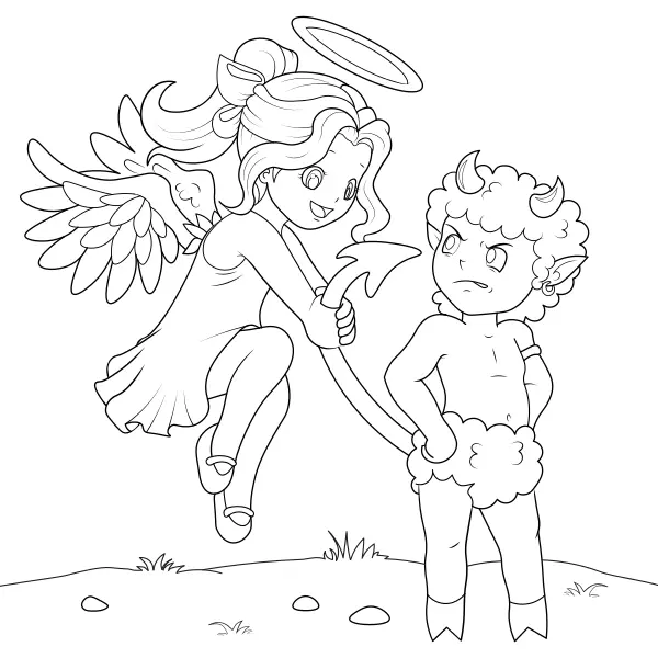 An Angel Teases the Devil | Online coloring pages for kids