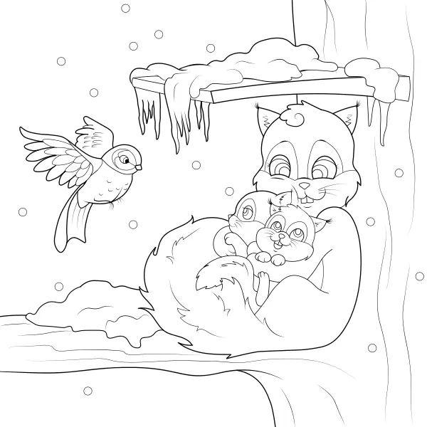 A Family of Squirrels in Winter | Online coloring pages for kids