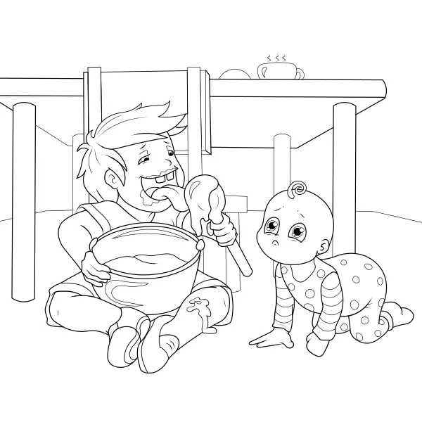 A boy is licking a ladle | Online coloring pages for kids