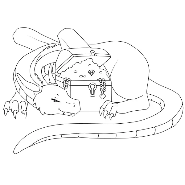 Dragon with the Treasure | Online coloring pages for kids