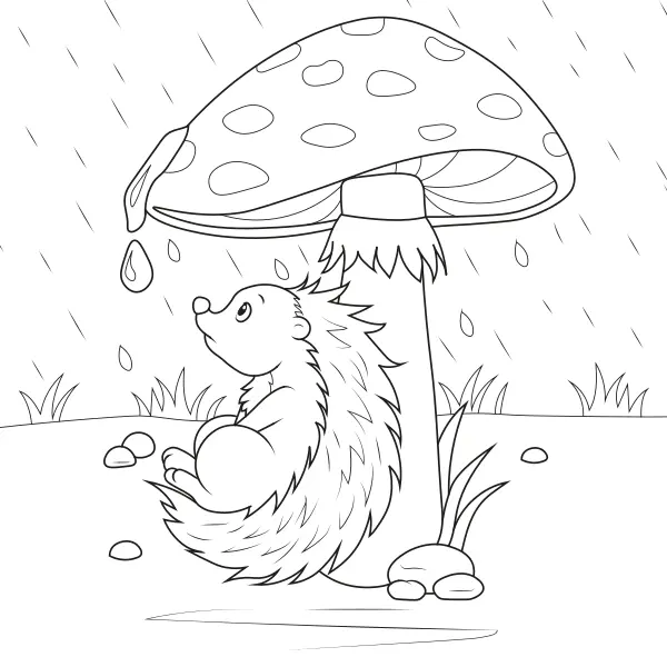 A hedgehog under a mushroom | Online coloring pages for kids