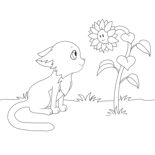 Cat and the Sunflower | Online coloring pages for kids
