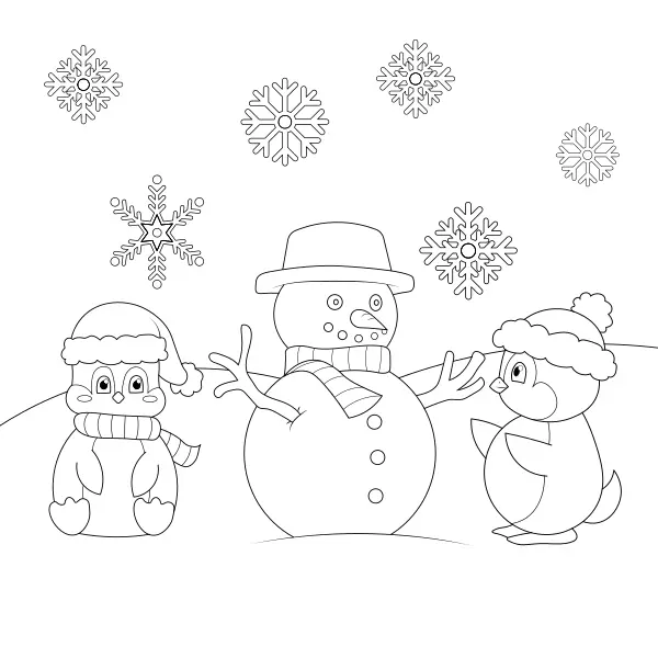 Penguins with a Snowman | Online coloring pages for kids