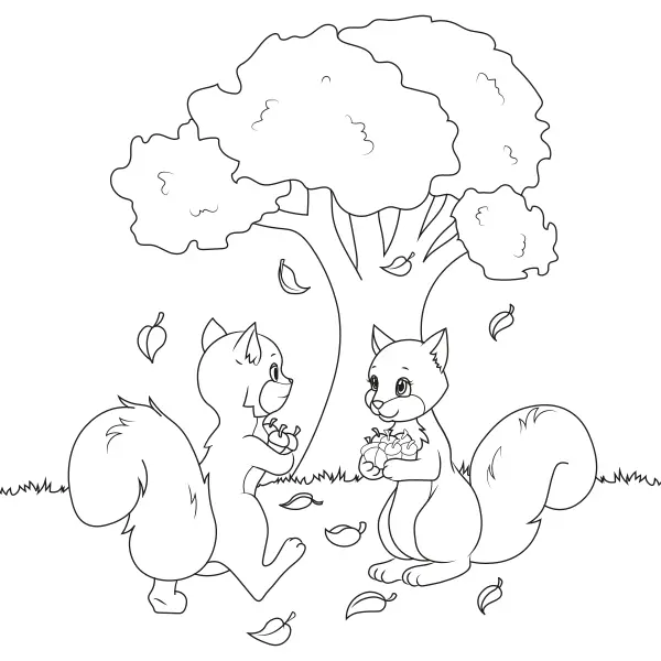Squirrels with Nuts | Online coloring pages for kids