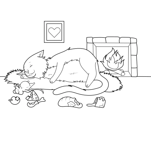 A Cat by the Fireplace | Online coloring pages for kids
