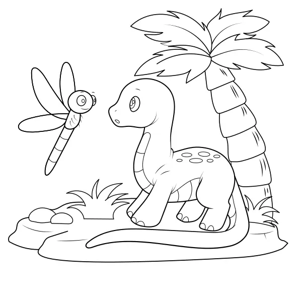 Dinosaur – Diplodocus and a Dragonfly | Online coloring pages for kids