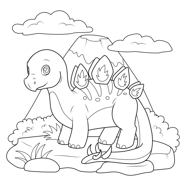Dinosaur – Stegosaurus Beneath a Volcano | Online coloring pages for kids