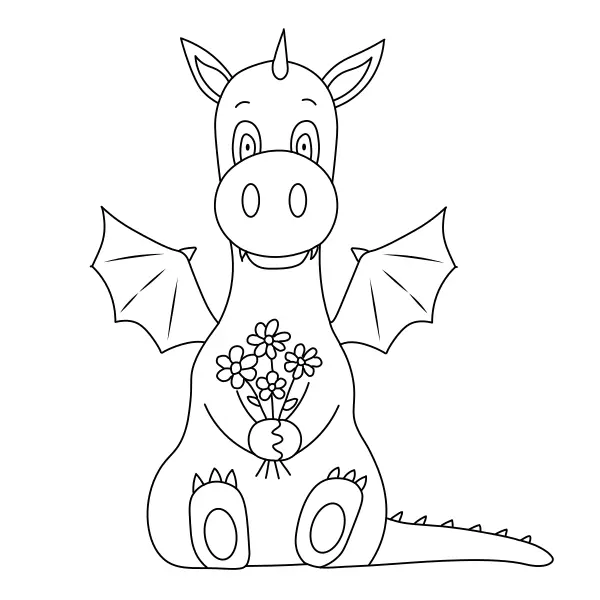 A little dragon with flowers | Online coloring pages for kids