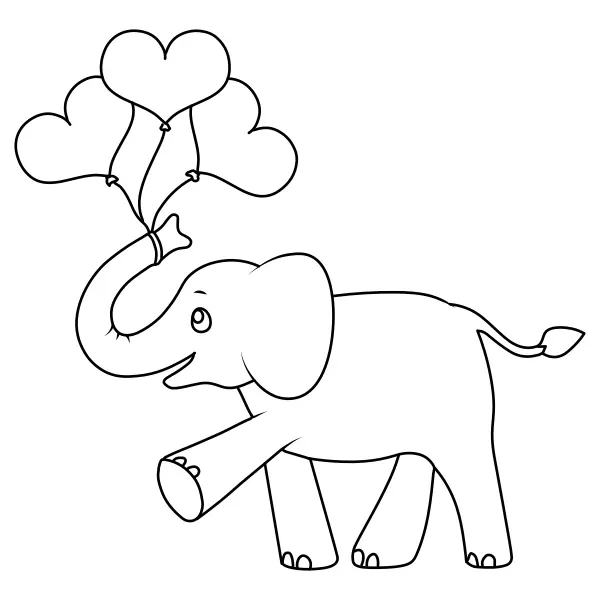 Baby Elephant with Heart-Shaped Balloons | Online coloring pages for kids