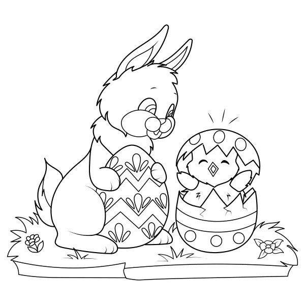 Easter Bunny with a Chick | Online coloring pages for kids