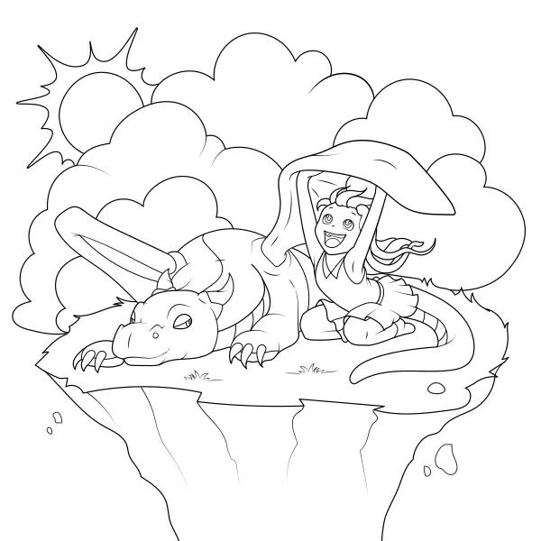 Girl playing with a dragon | Online coloring pages for kids