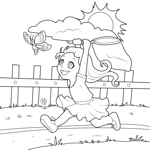 A girl catches a butterfly | Online coloring pages for kids