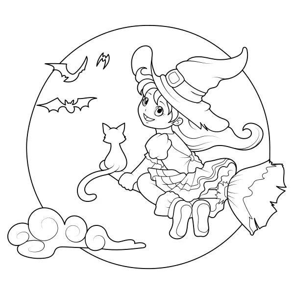 A witch on a broomstick | Online coloring pages for kids