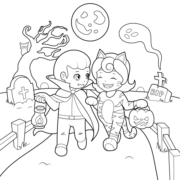 Kids on Halloween | Online coloring pages for kids