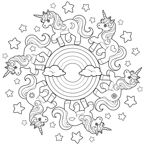 Mandala with Unicorns | Online coloring pages for kids