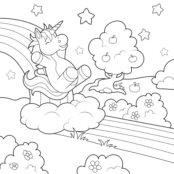 A unicorn sliding down a rainbow | Online coloring pages for kids