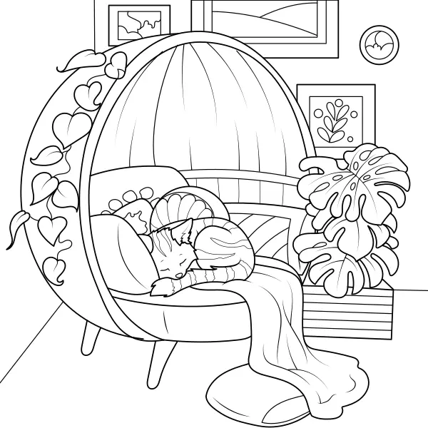 Cat in a Cozy Room | Online coloring pages for kids