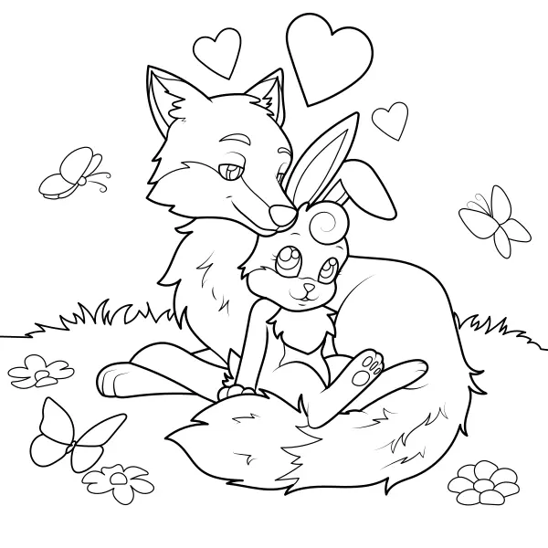 The fox and the bunny are in love | Online coloring pages for kids