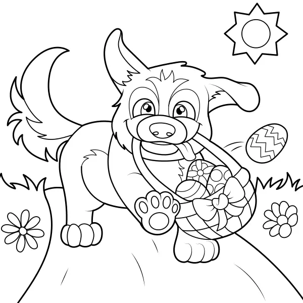 A dog is carrying Easter eggs | Online coloring pages for kids